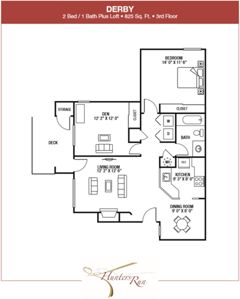 Floor plan for 2 beds, 1 bath, 825 sqft